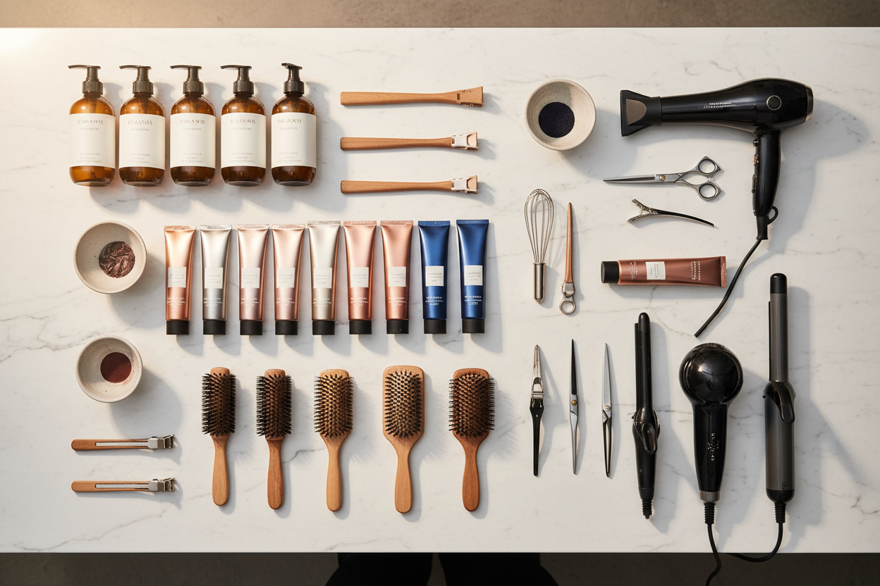 Hero — Salon Supply Flat-lay on Marble